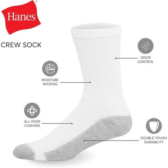 Hanes Mens Crew Socks 12 Pack Cushioned Double Tough Odor Moisture Wicking - Picture 2 of 7